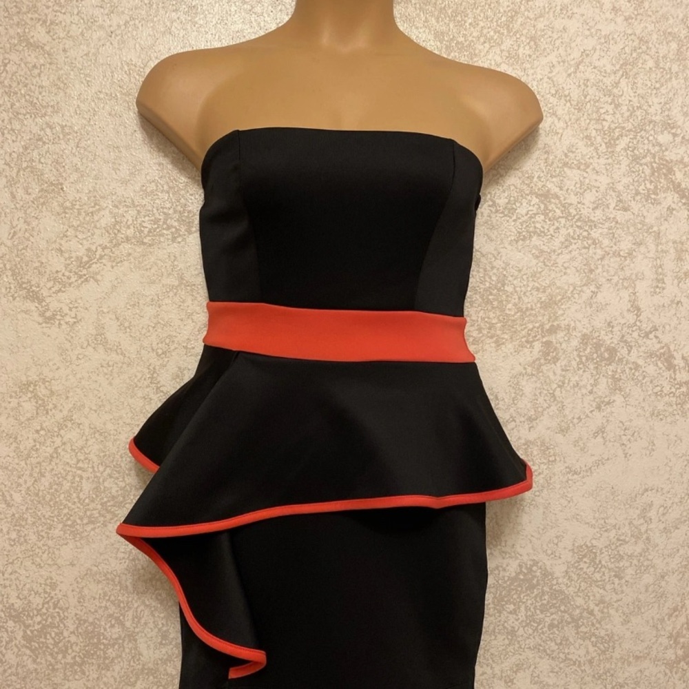 Emerald Sundae Asymmetrical Ruffle Black Dress with Coral Red Accents
